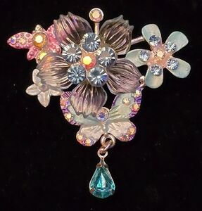 Silver Rhinestone Flower and Butterfly Brooch